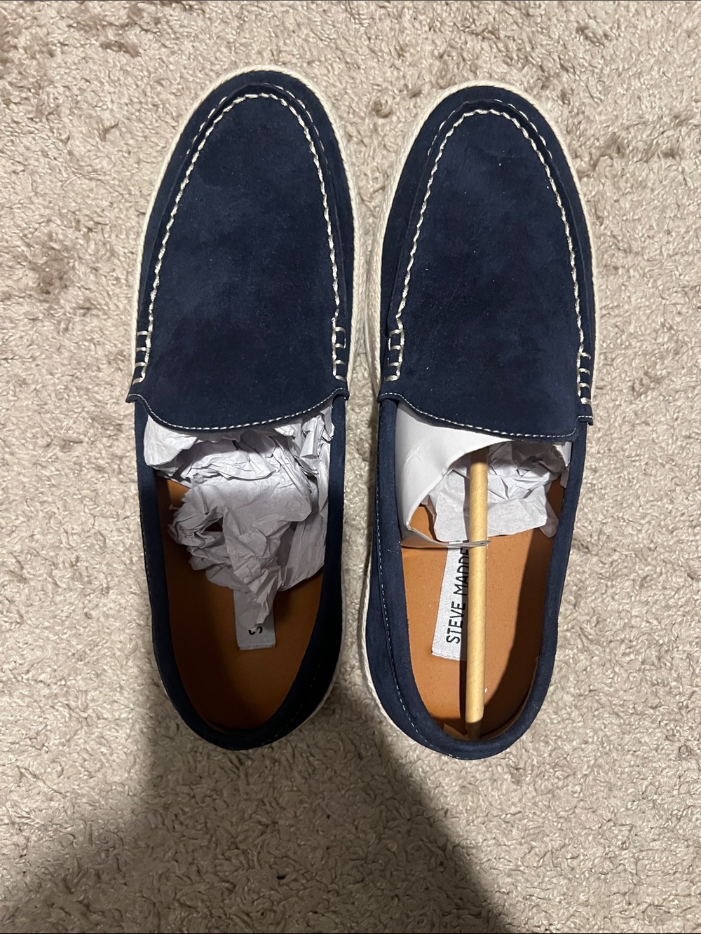 Steve Madden Navy Suede Slip-On Loafers with White Stitching